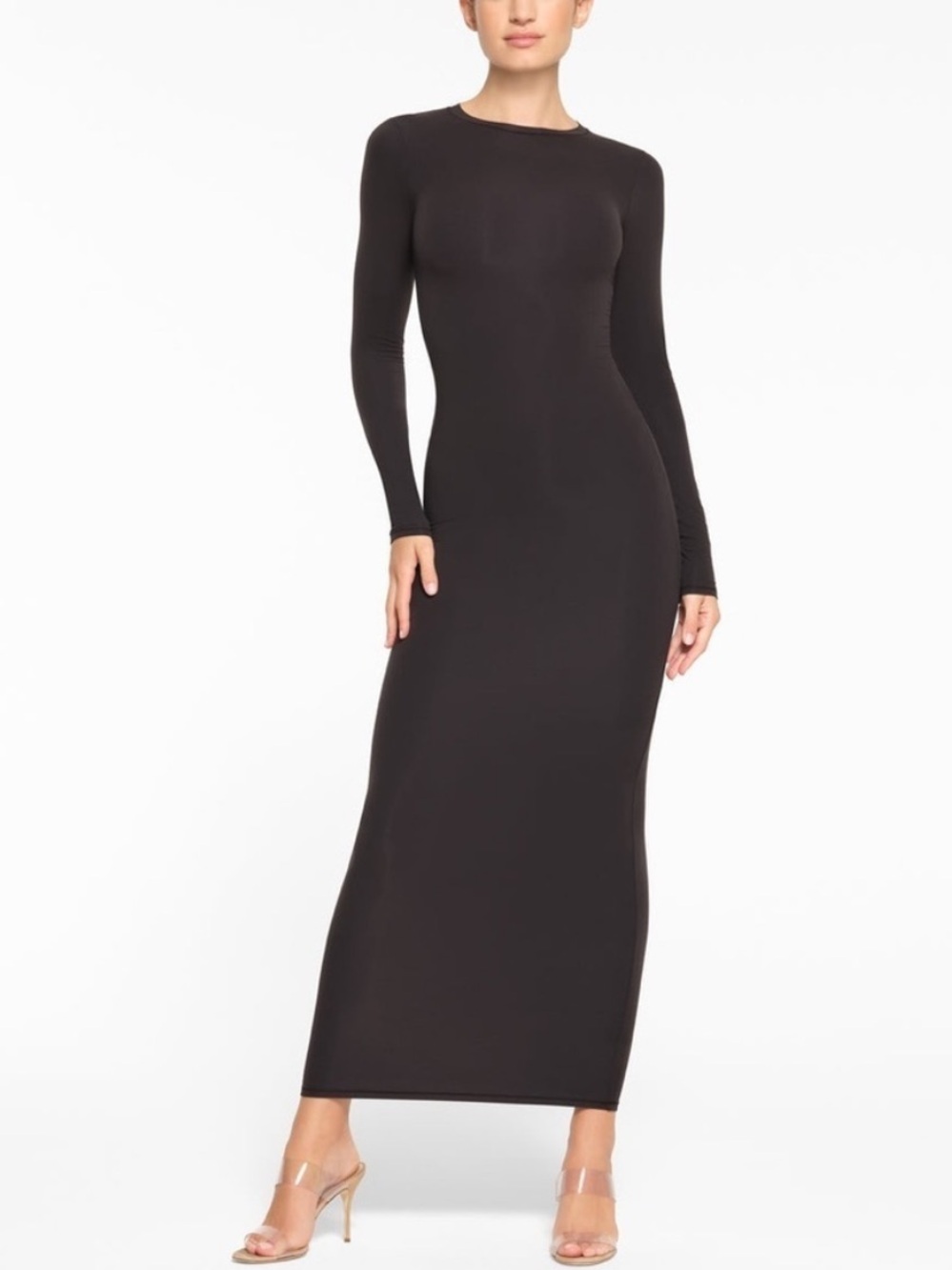 Skims Fits Everybody Crewneck Long Sleeve Maxi Dress Onyx Black Size XS